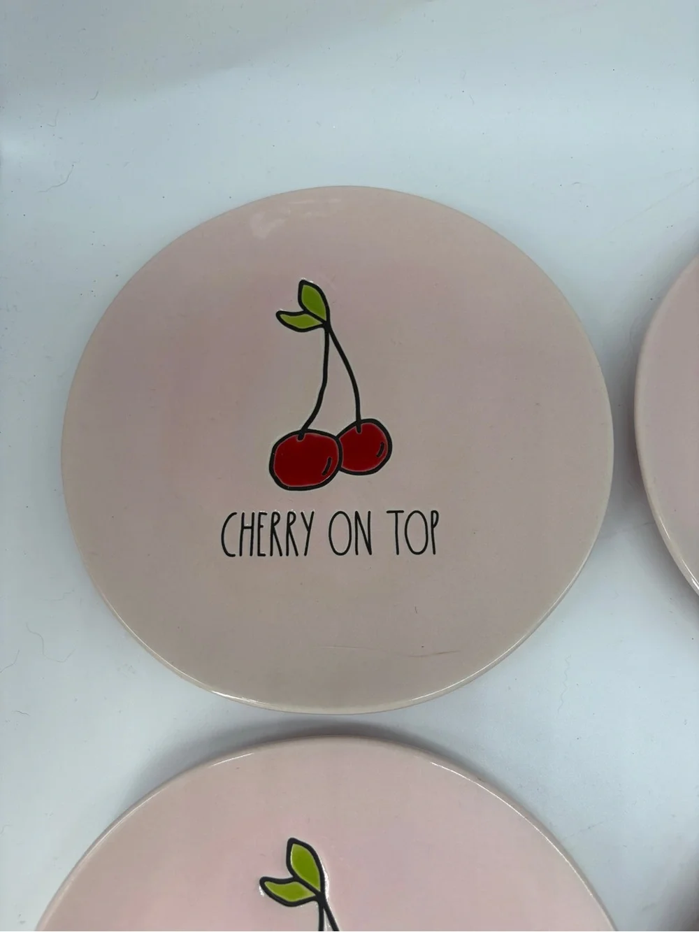 Rae Dunn Pink 'Cherry On Top' Dessert Plates - Red Cherry Design 6”